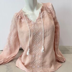 Joie Light Pink Embroidered Linen Blouse